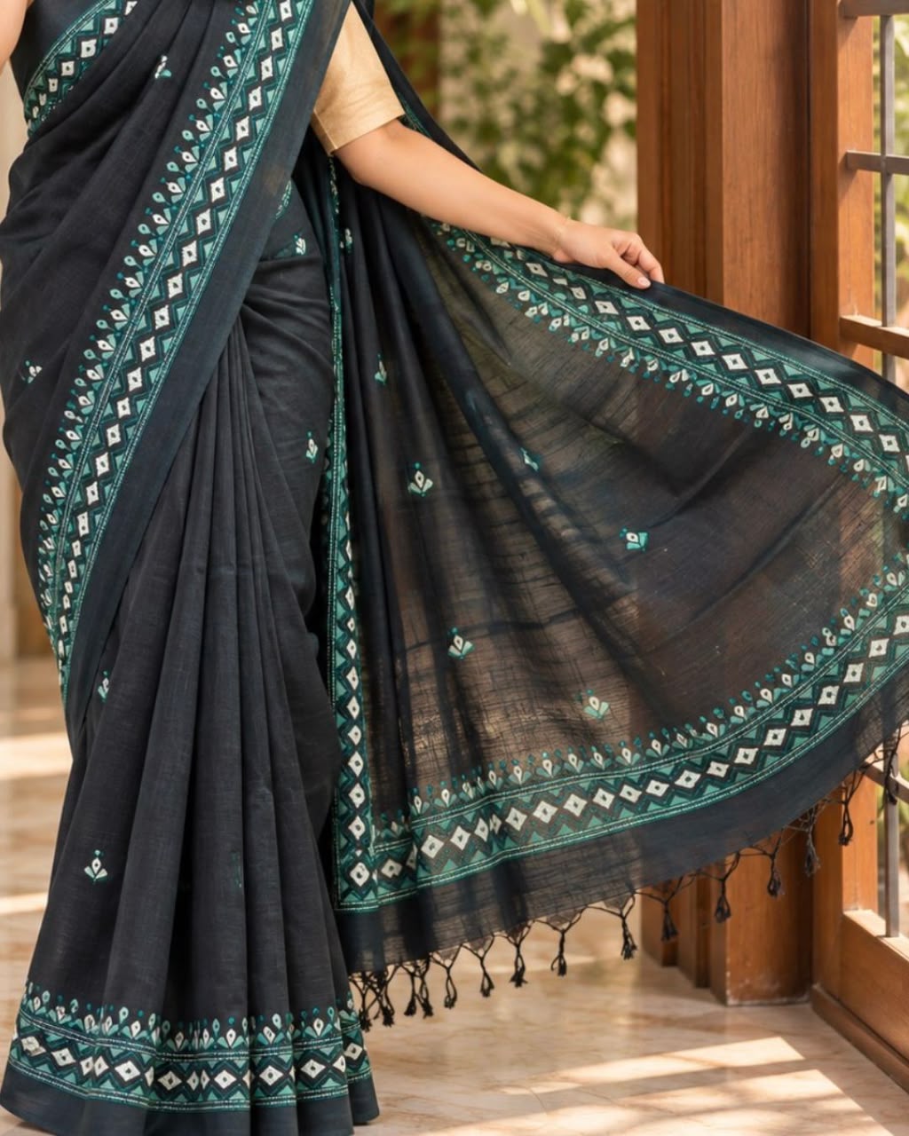 Navy Blue Kantha Embroidery Tussar Silk Saree