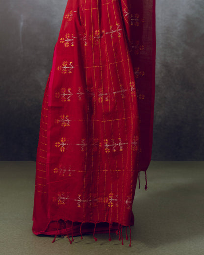 Red Jamdani cotton Saree