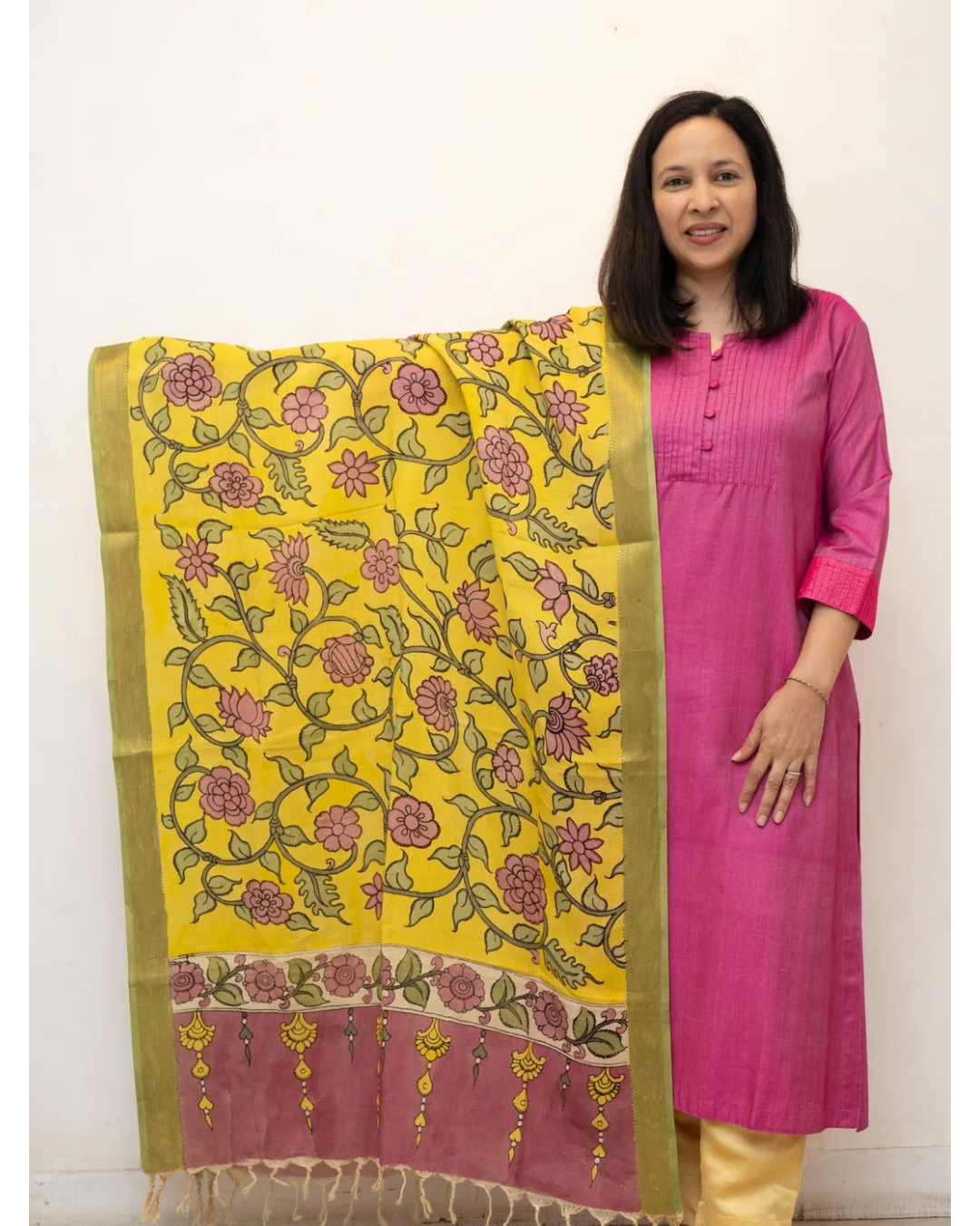 Yellow 4 Kalamkari Silk Dupatta