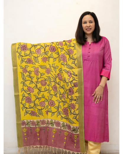 Yellow 4 Kalamkari Silk Dupatta