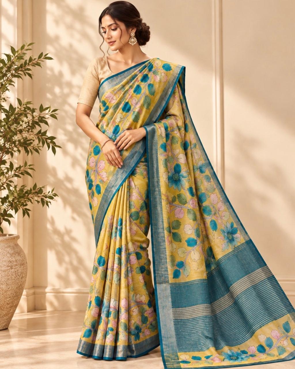 Mustard Yellow Kalamkari Hand Painted Tussar Silk Saree