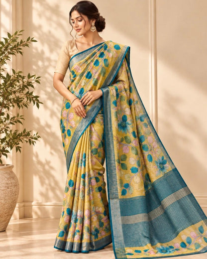 Mustard Yellow Kalamkari Hand Painted Tussar Silk Saree