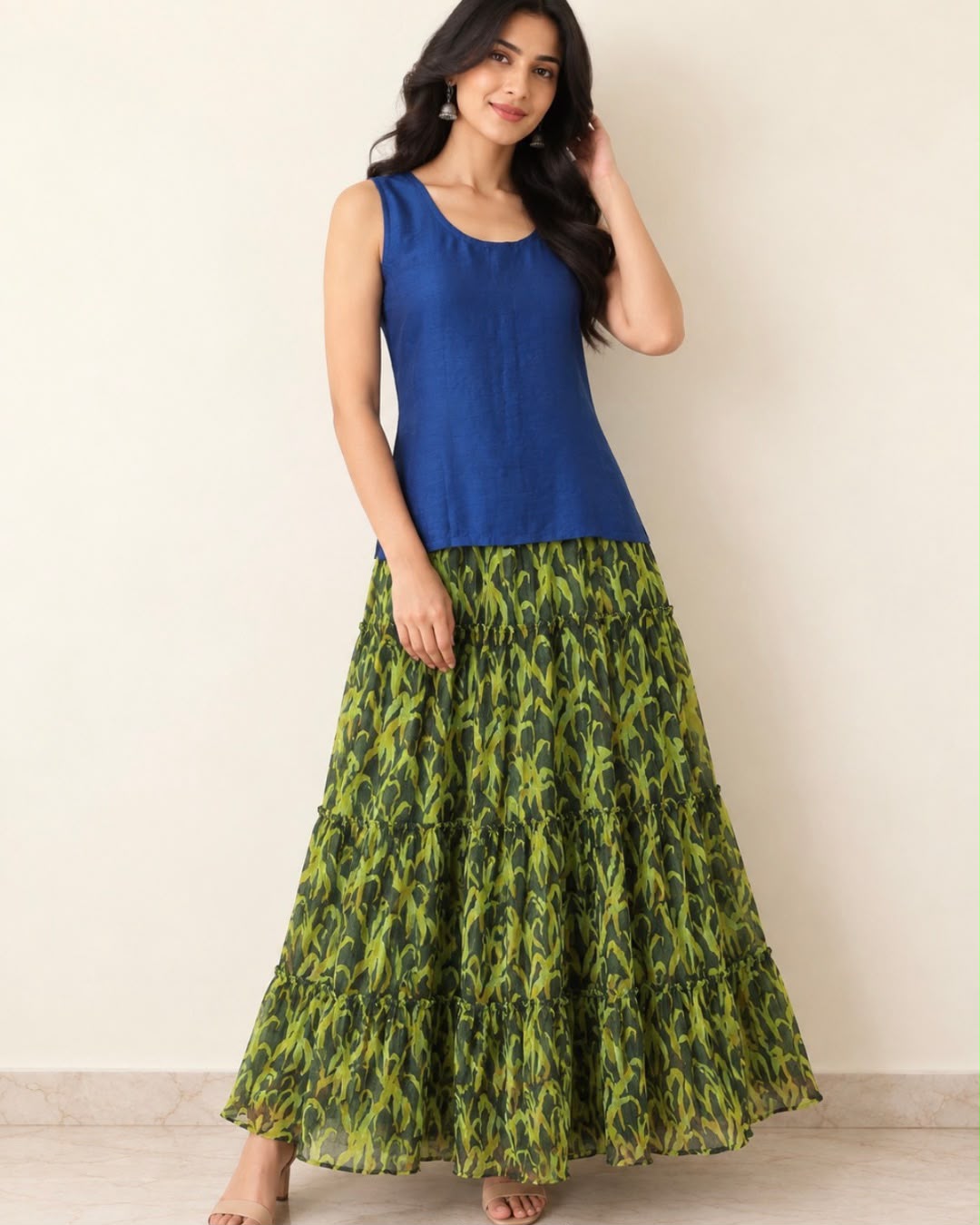 Green Black Fulia Hand Block Printed Cotton Skirt