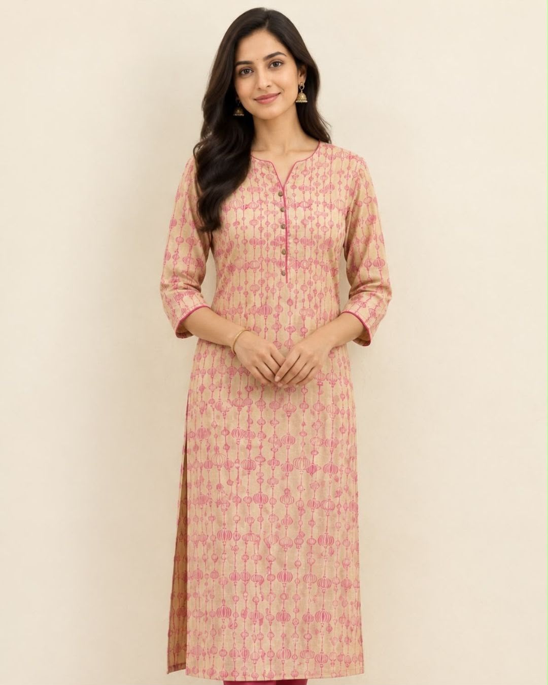 Beige Pink Deepam Neck Hand Block Printed Tussar Cotton Kurta