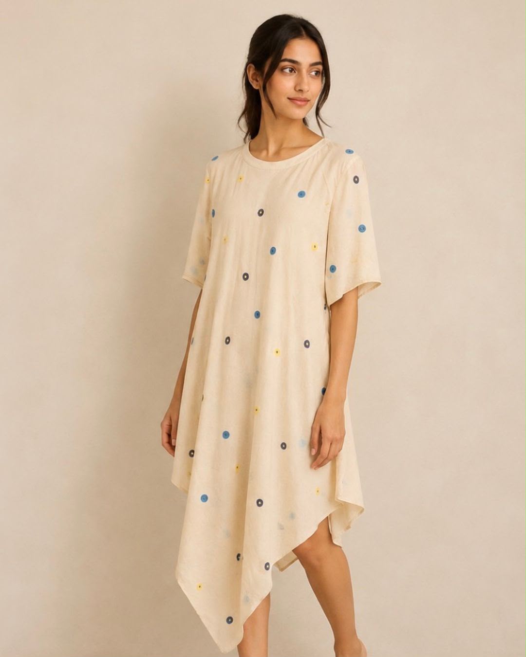 OffWhite Cowl Drape Polka Dots Cotton Dress