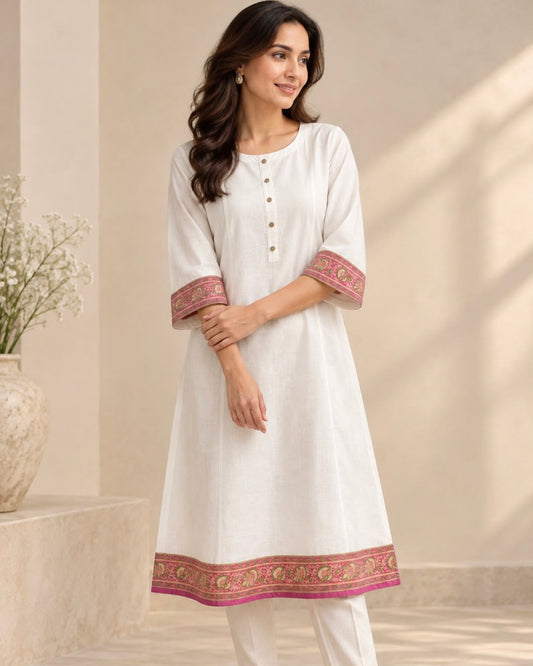 White Pink Printed Border Tussar Cotton Dress - samasta.in