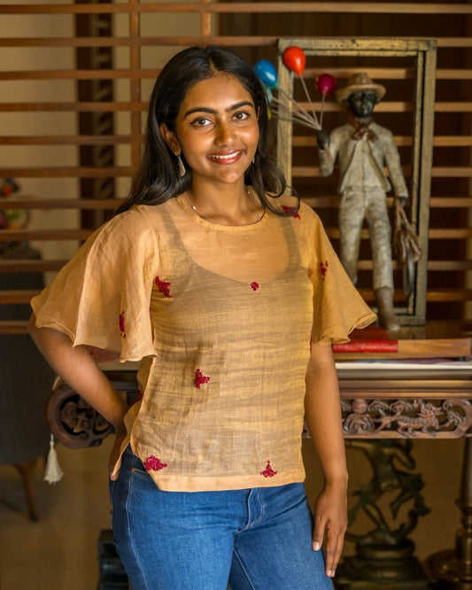 Gold Cotton Tissue Maroon Embroidery Petal Sleeves Top with Slip