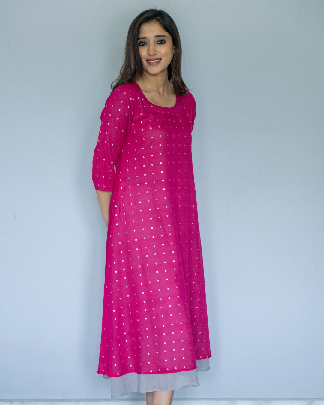 Pink Gray Sequins Cotton Dress