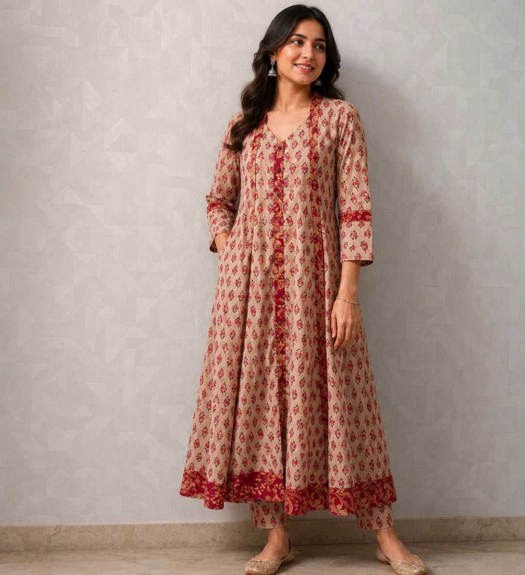 Beige High Neck Collar Cotton Flared Dress