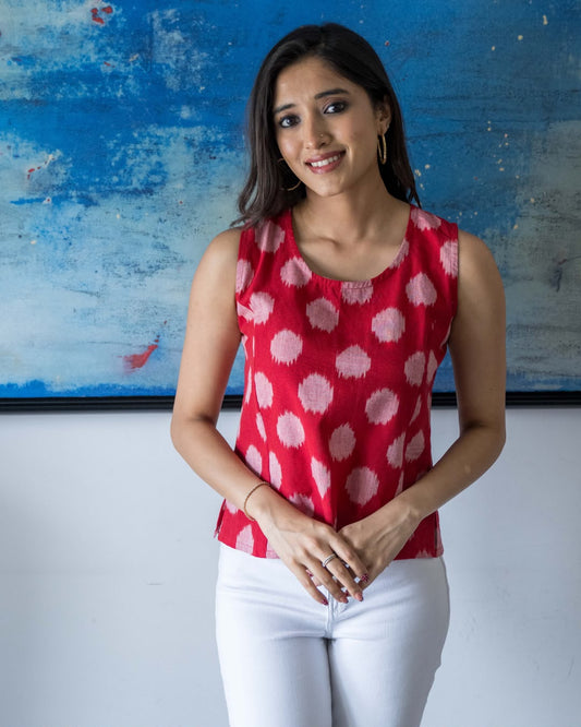 Red Ikat Sleeveless Cotton Top