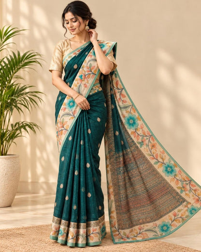 Teal Green with Cream Kalamkari Floral Border and Zari Buttas Tussar Silk Saree