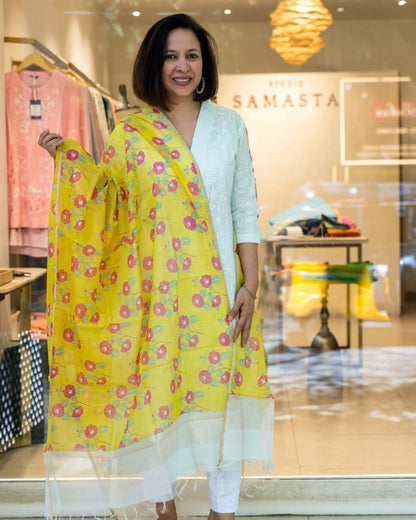 Yellow Silk Cotton Pink Floral Block Print  Dupatta