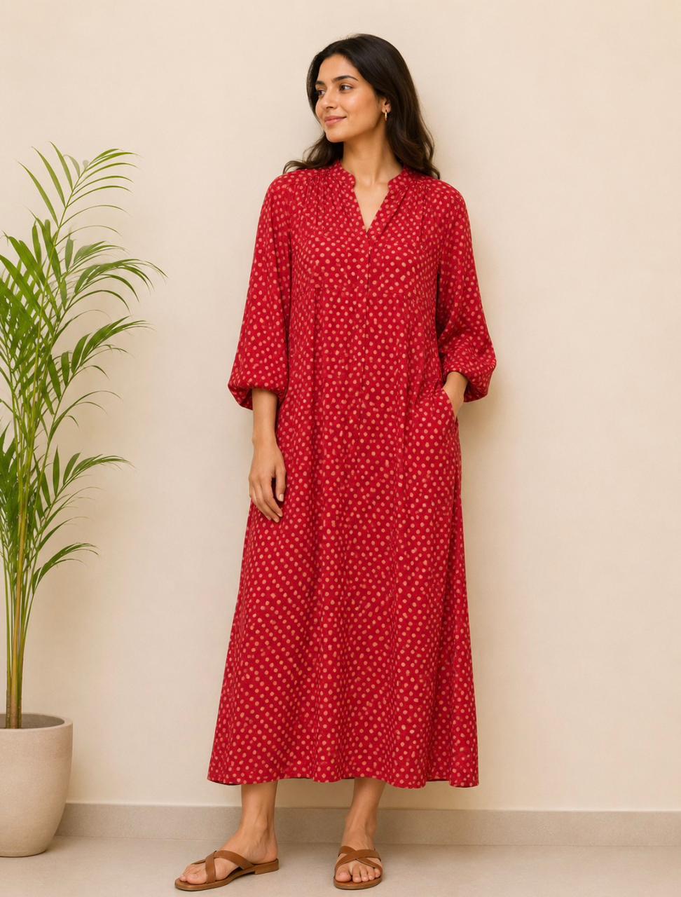 Red Muslin Silk Chinese Collar Dress