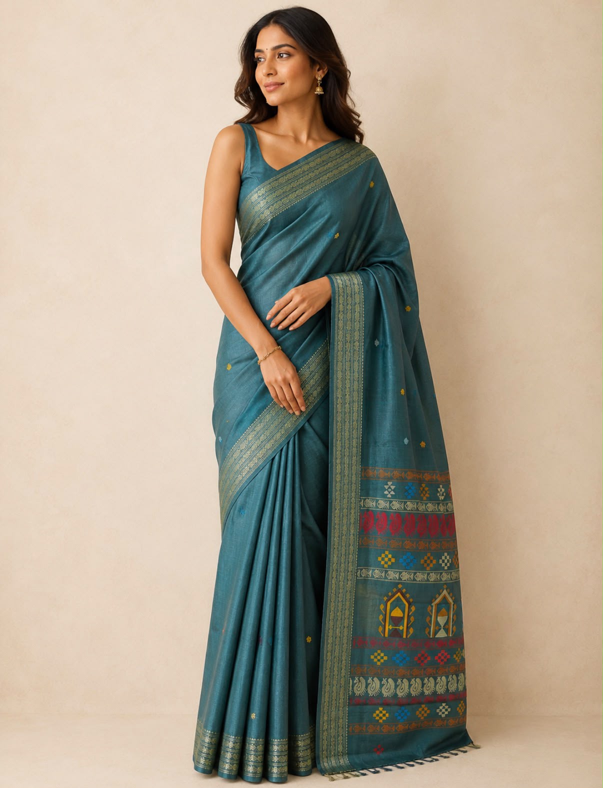 Teal Green Thread Woven Tussar Silk Saree