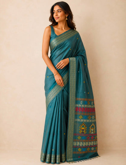 Teal Green Thread Woven Tussar Silk Saree