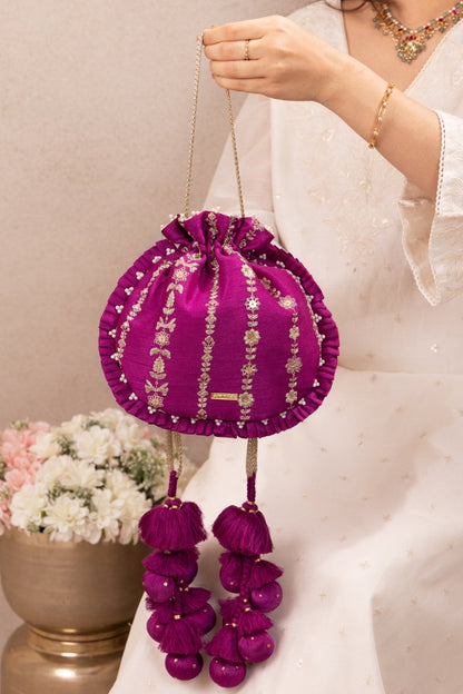 DHAGA EMBROIDERED PLEATED POTLI - PURPLE