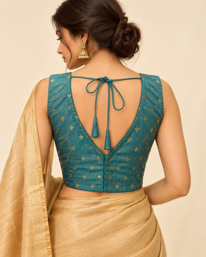 Rama Green Antique Glod V Neck Sp Cut Sleeveless Blouse