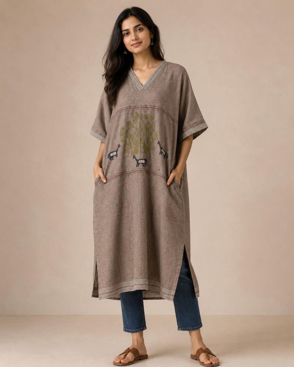 Grey V Neck Jamdani Cotton Dress