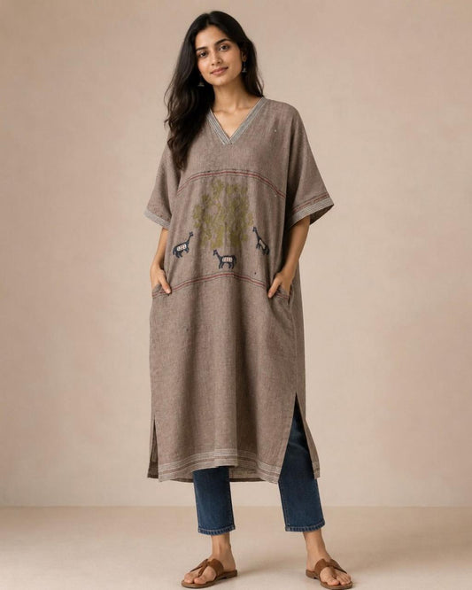 Grey V Neck Jamdani Cotton Dress