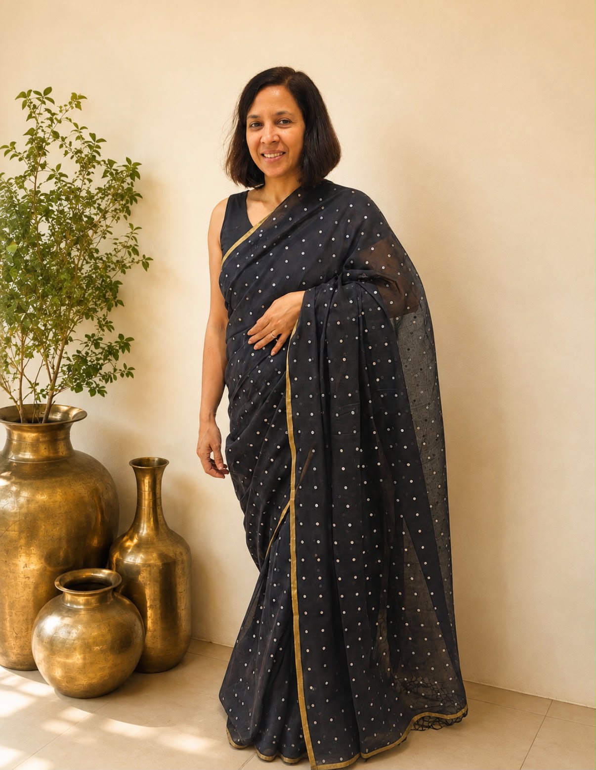 Black Sequins Fulia Cotton Saree