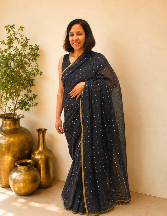 Black Sequins Fulia Cotton Saree