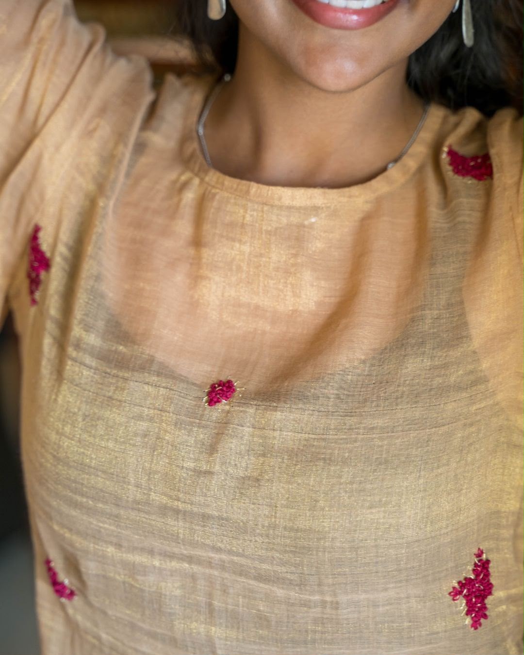 Gold Cotton Tissue Maroon Embroidery Petal Sleeves Top with Slip