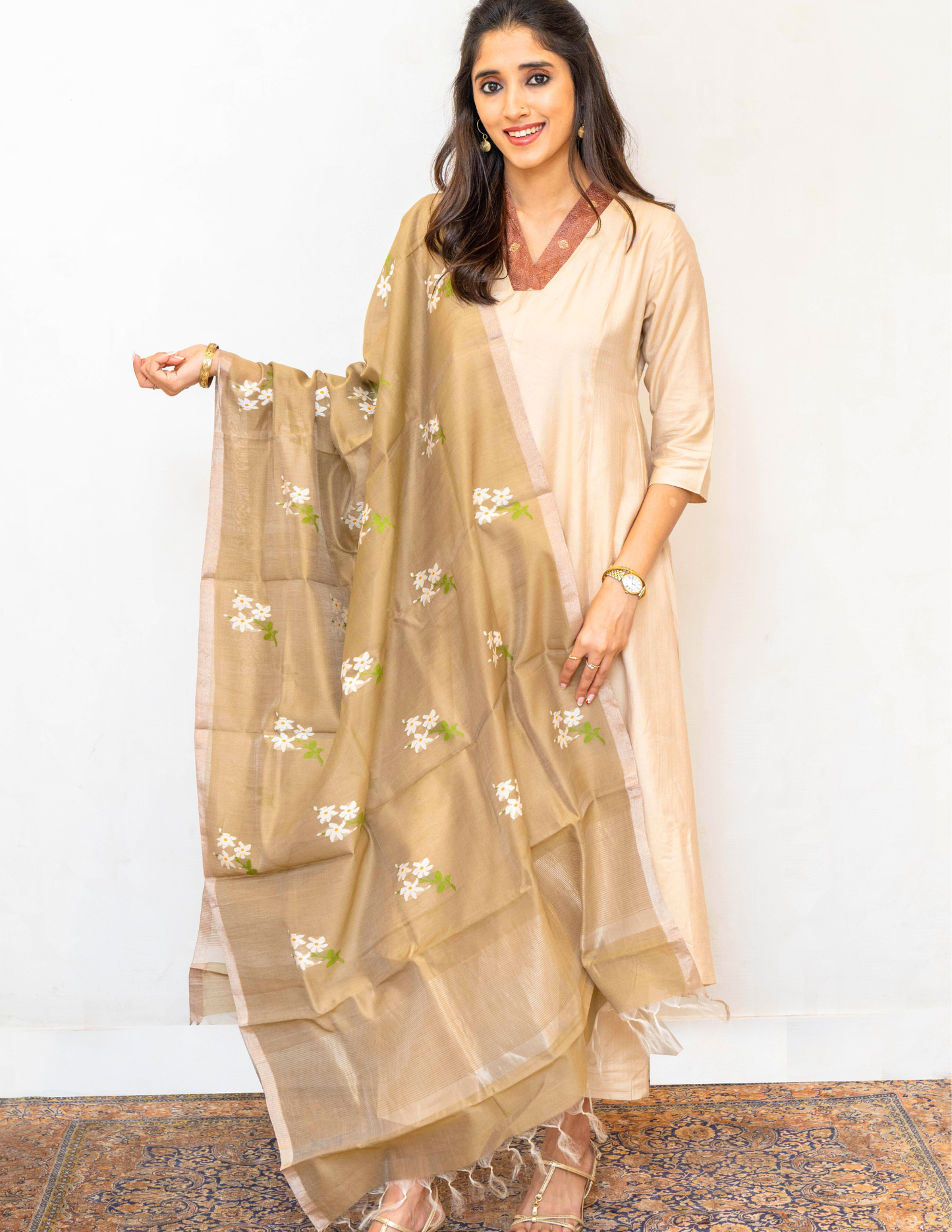Beige Jamdani Chanderi Silk Cotton Dupatta