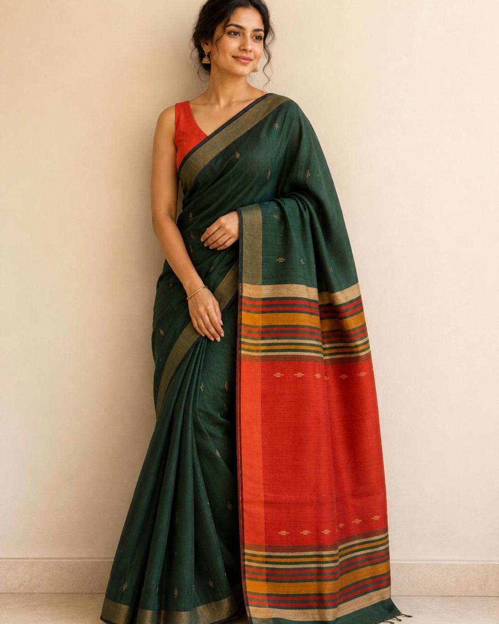 Bottle Green Red Pallu Tussar Silk Saree