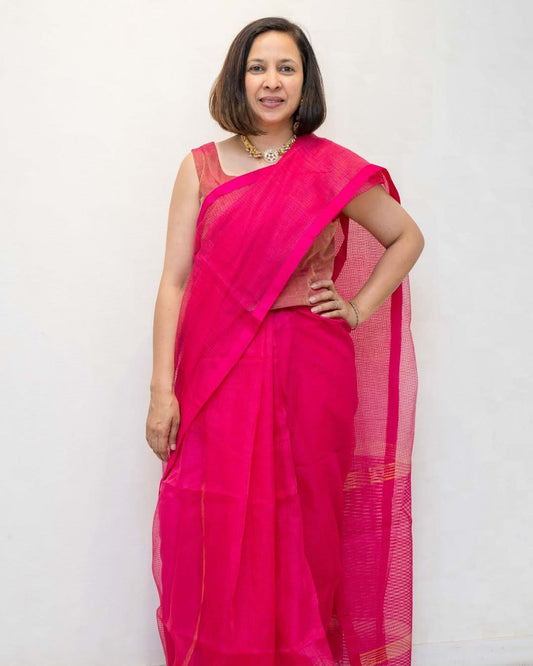 Pink Checks Organza Silk Kota Fulia Saree