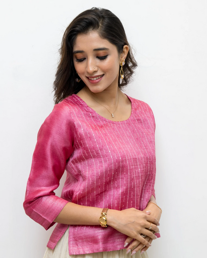 Pink Woven Seq Tussar Silk Blouse