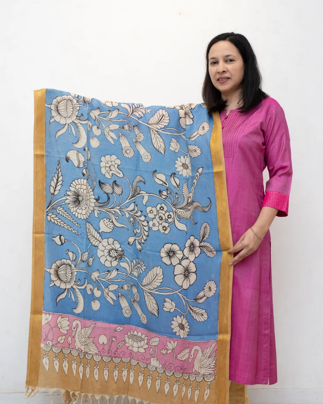 Blue 3 Pen Kalamkari Silk Dupatta