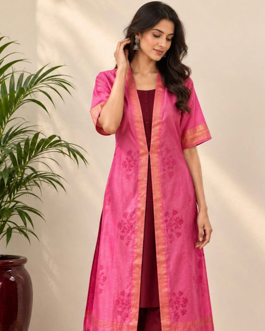 Pink Floral Printed Mulberry Silk Overlay - samasta.in #