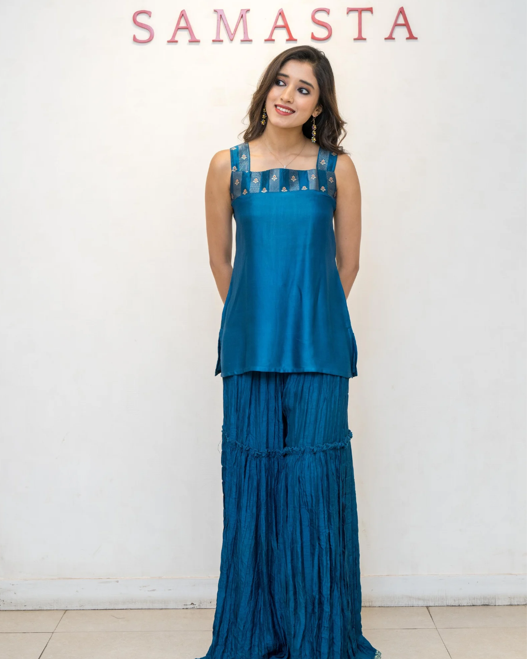 Blue Sleeveless Brocade Modal Silk Tunic