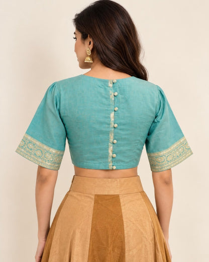 Teal Blue Benarasi Silk Cotton Blouse