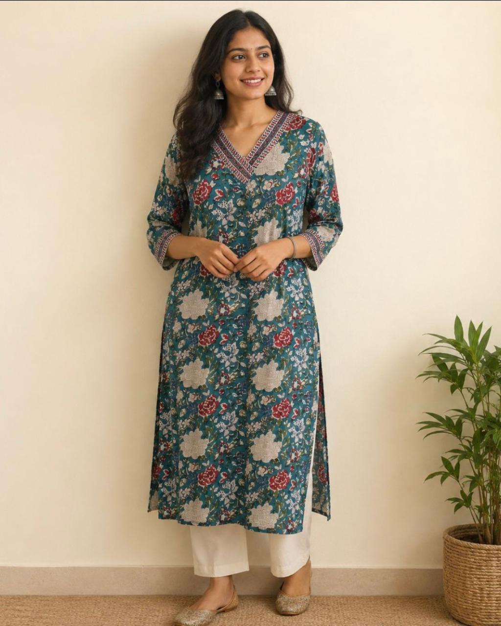 Blue V Neck Floral Muslin Silk Kurta