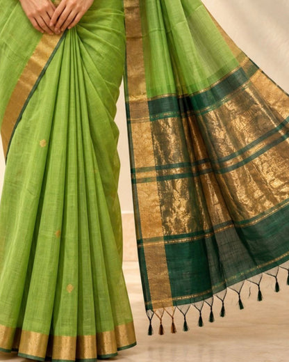 Green Gold Zari Border Maroon Contrast Pallu Mangalgiri Silk Saree