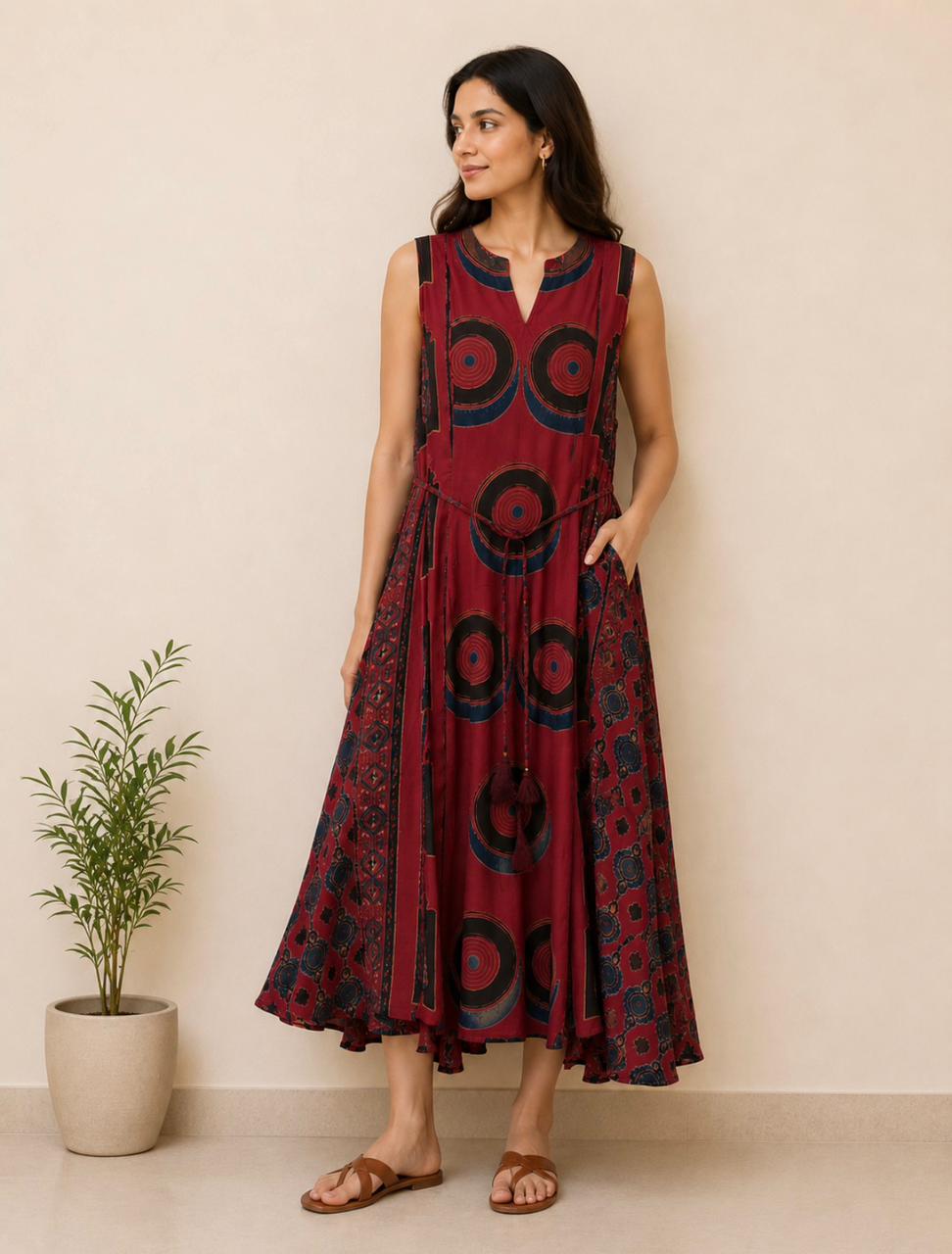 Maroon Modal Ajrakh Print Dress