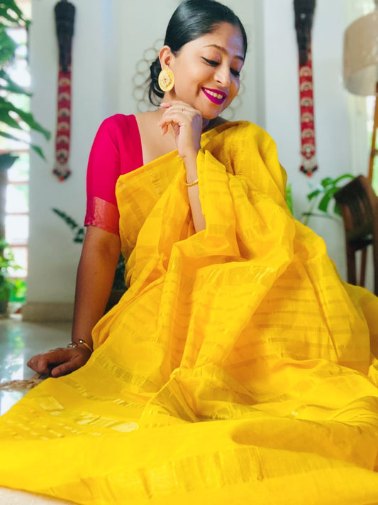 Yellow Tissue Zari Cotton Saree