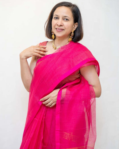 Pink Checks Organza Silk Kota Fulia Saree