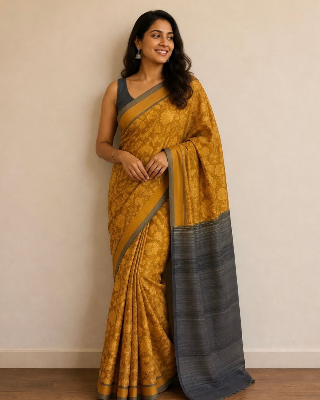 Mustard Printed Tussar Silk Saree
