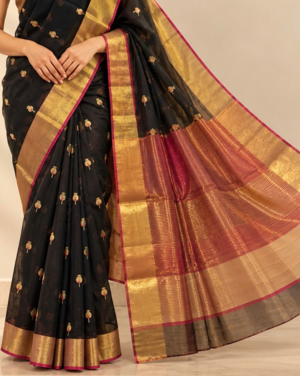Black Gold Pomegranate Jamdani Butta Marm Chanderi Silk Cotton Saree