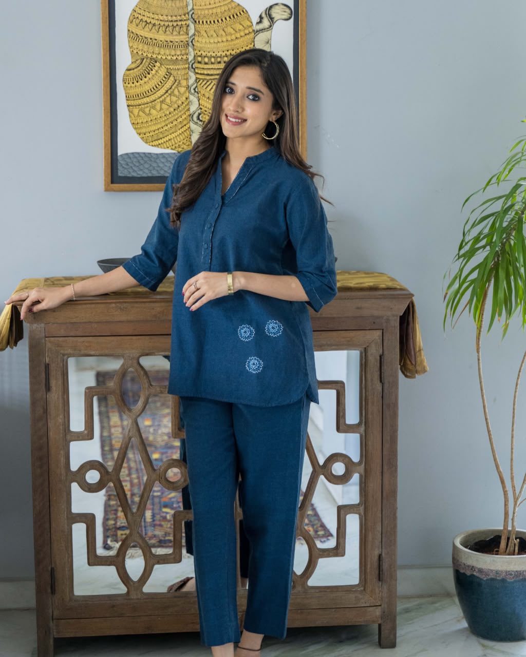 Blue Embroidered Cotton Co Ord Set
