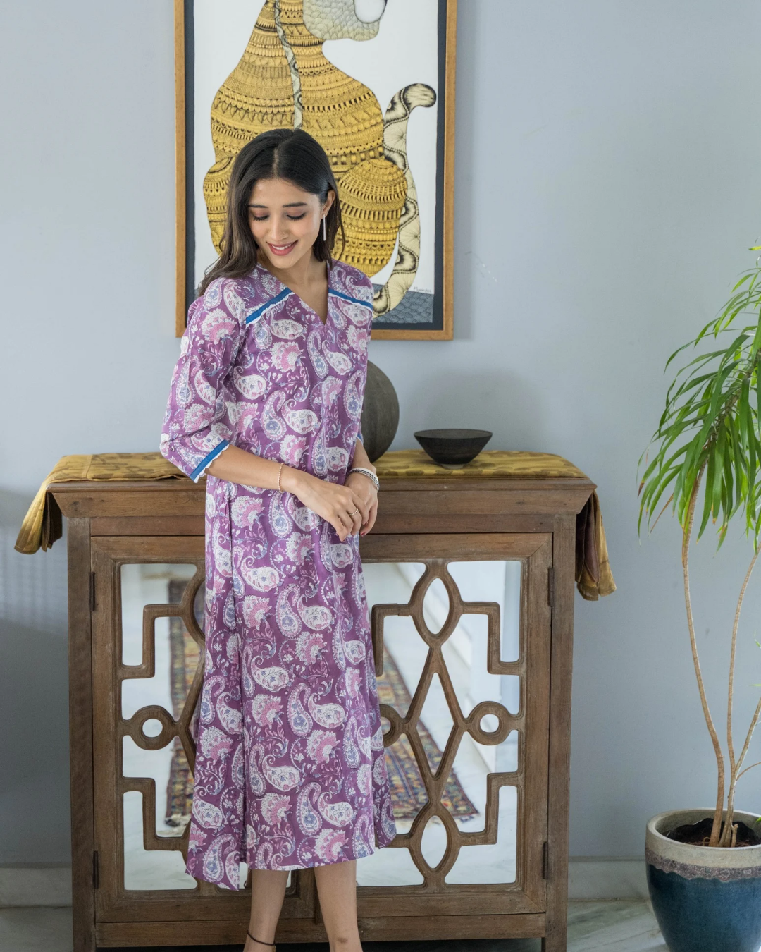 Mauve Jaipur Print Lase V Neck Cotton  Dress