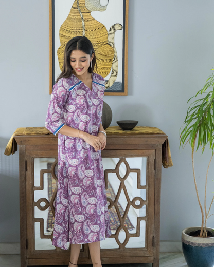 Mauve Jaipur Print Lase V Neck Cotton  Dress