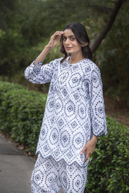 White Cut Work Cotton Co Ord Sets