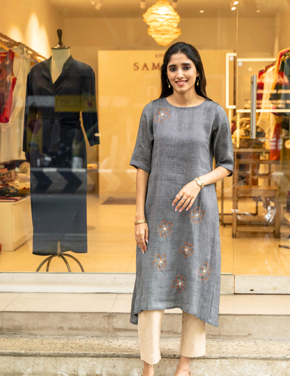 Grey Flower Embroidery Cotton Dress