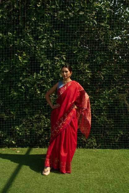Red Gold Tissue Jamdani Khadi Silk Saree