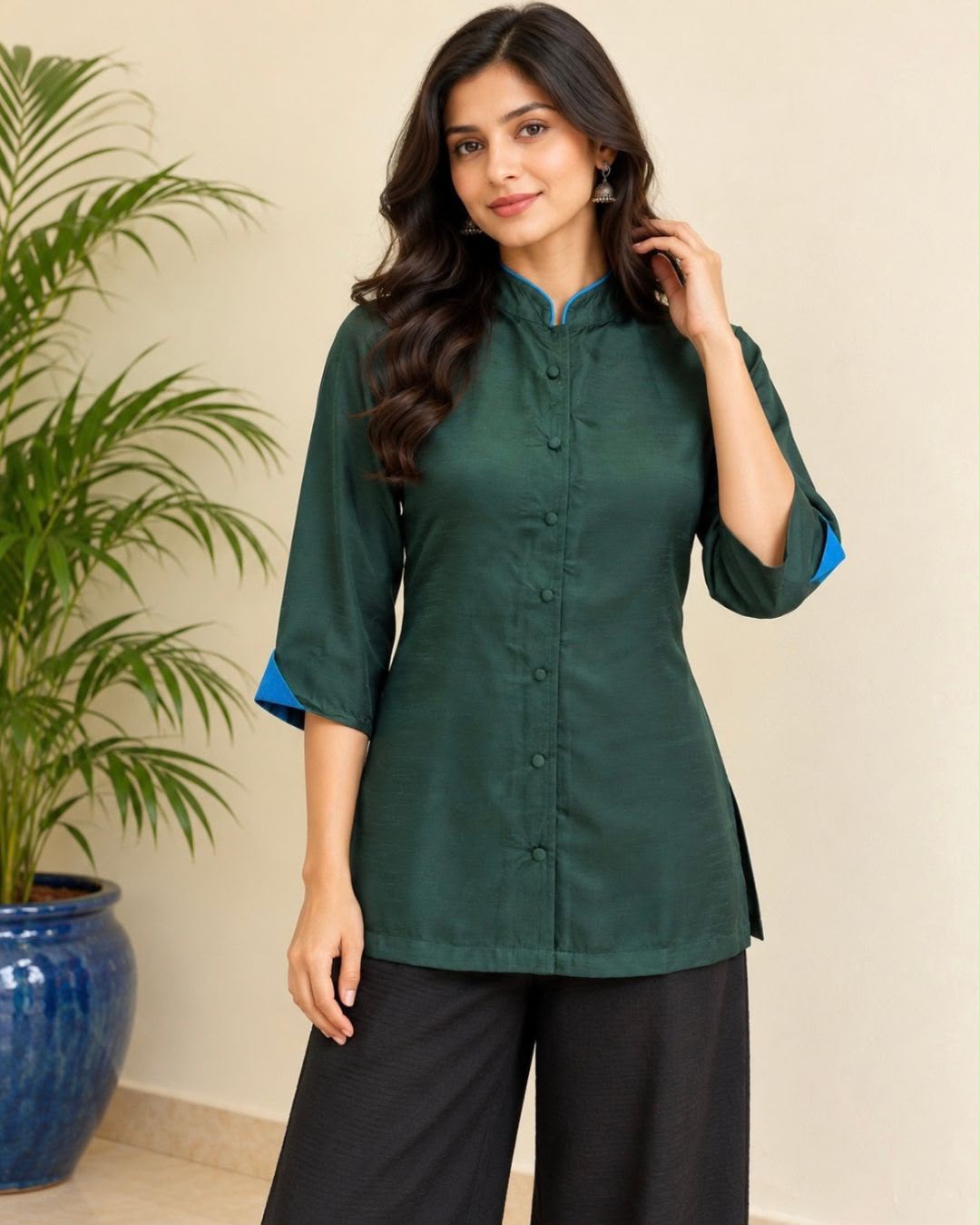 Bottle Green Mandarin Collar Modal Silk Cotton Tunic