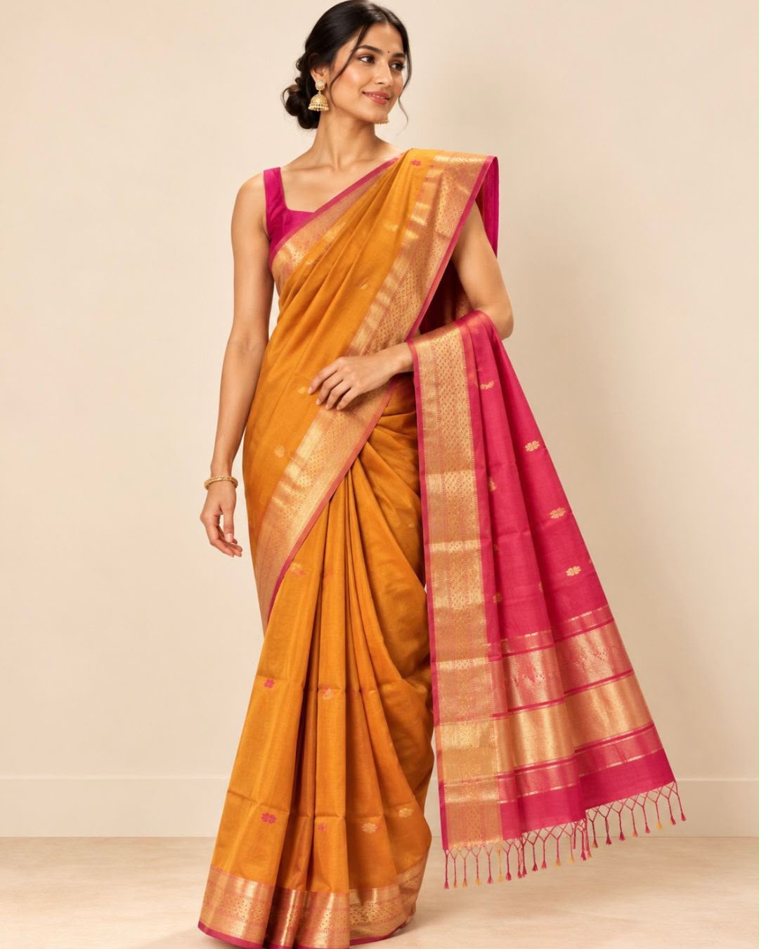 Mustard Yellow Gold Zari Border and Red Pallu with Tassels Maheshwari Silk Cotton Saree