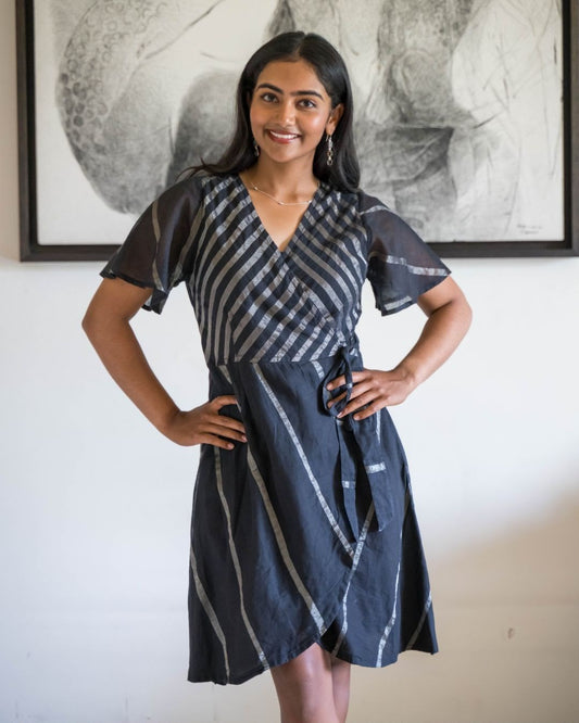 Black Silver Stripes Cotton Wrap Dress